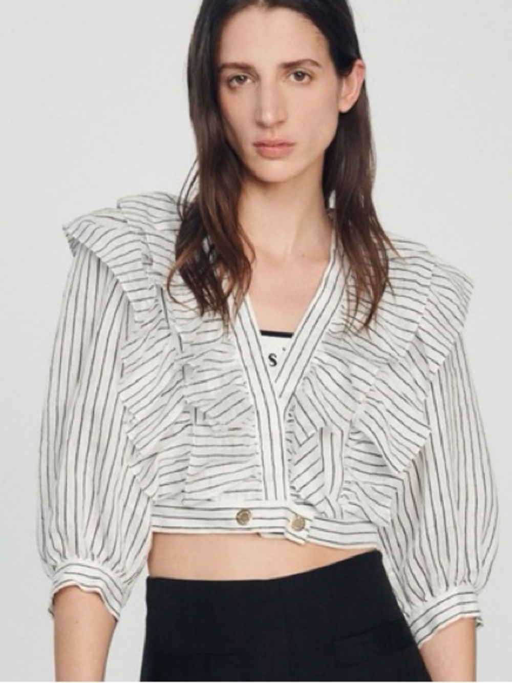 Sandro White Cropped Blouse with Black Stripes and Ruffle V-Neck